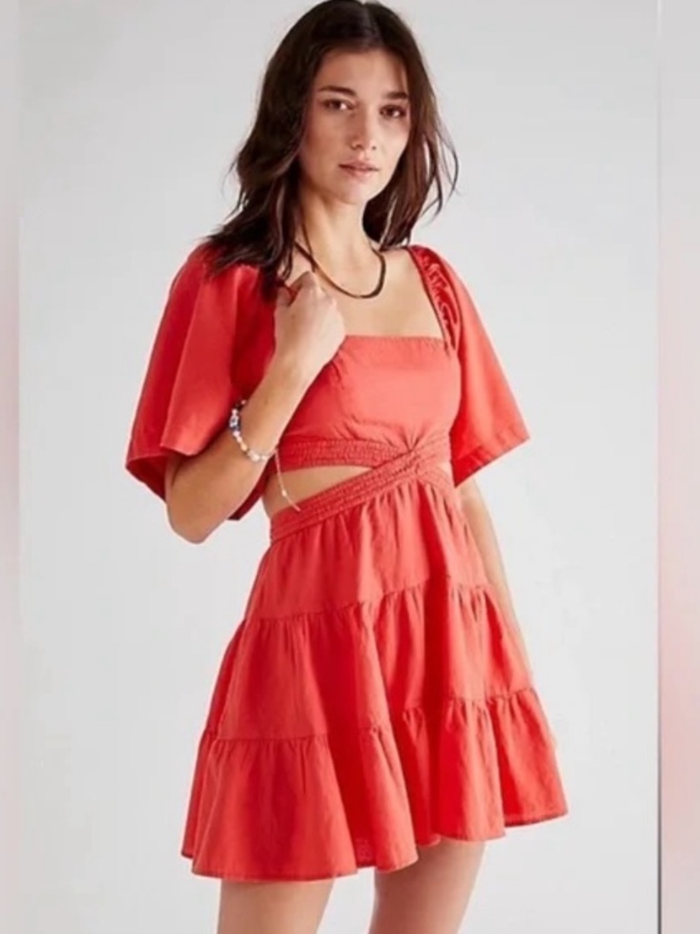 Free People Cross of Sunlight Red Cotton/ Linen Open Back Mini Dress Size XS